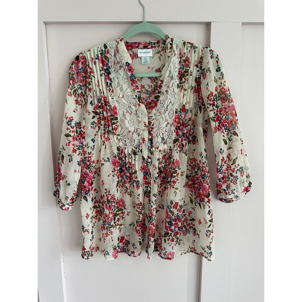 Motherhood Maternity Floral Lace Pintuck Blouse‎ Pink Blue Small 3/4 Sleeve Top